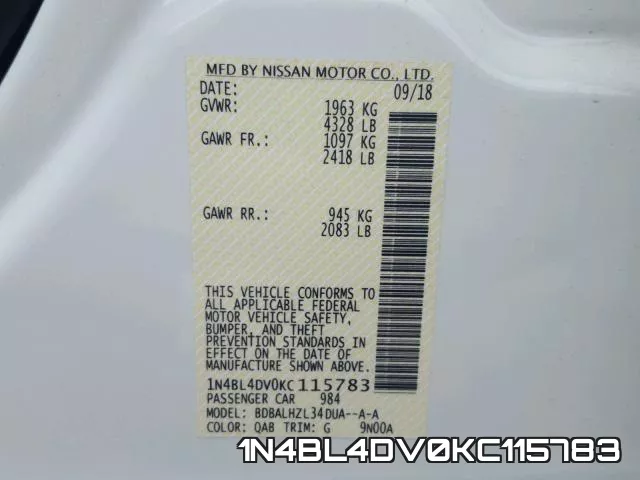 1N4BL4DV0KC115783 фото 2
