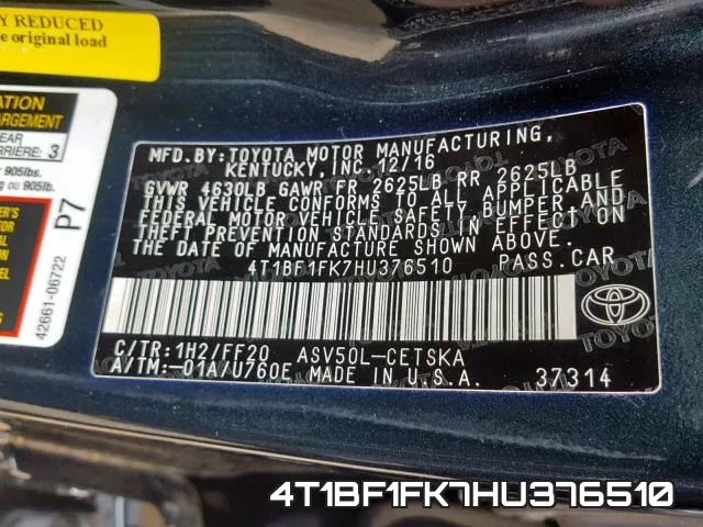 4T1BF1FK7HU376510 фото 2