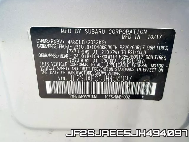 JF2SJAEC5JH494097 фото 2