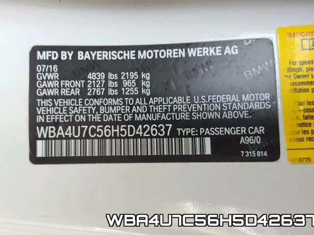 WBA4U7C56H5D42637 фото 2