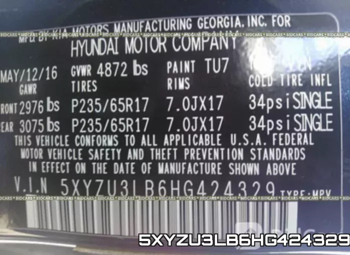 5XYZU3LB6HG424329 фото 10