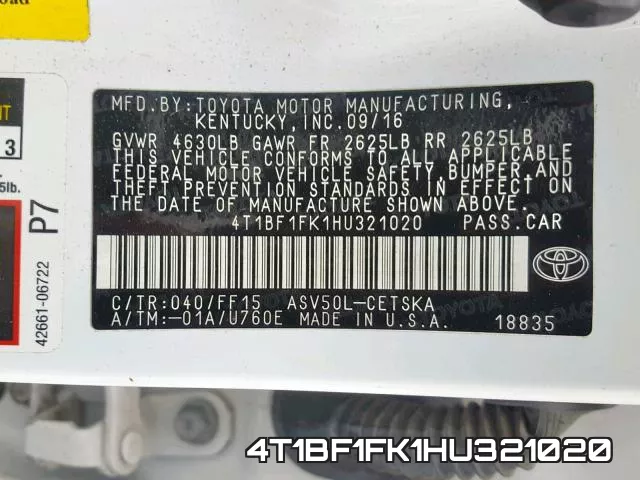 4T1BF1FK1HU321020 фото 2