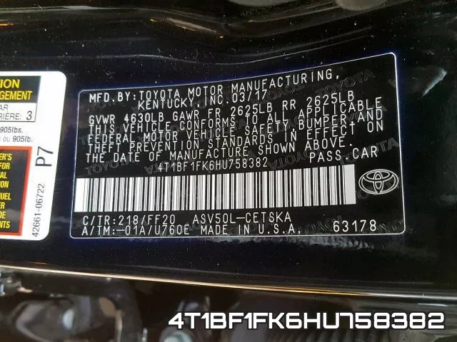4T1BF1FK6HU758382 фото 2