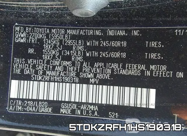 5TDKZRFH1HS190318 фото 10