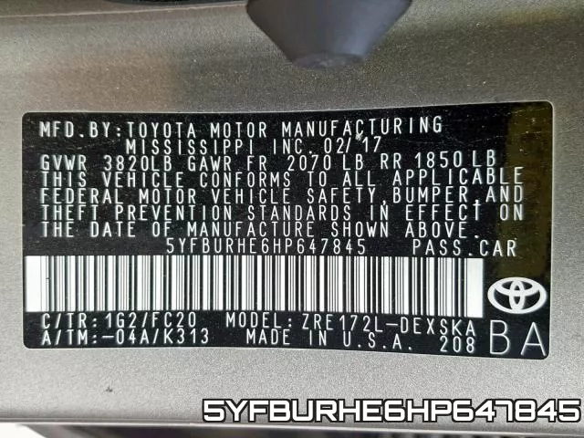 5YFBURHE6HP647845 фото 2