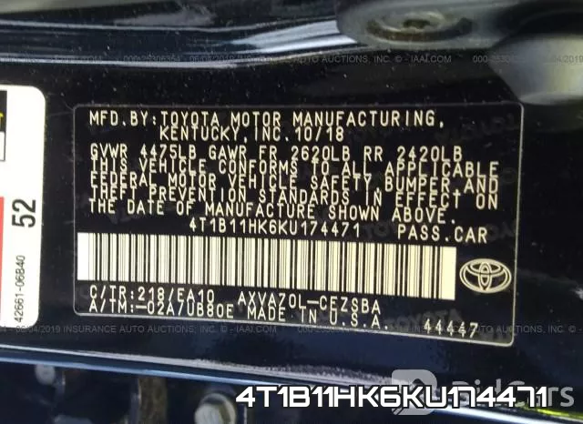 4T1B11HK6KU174471 фото 10