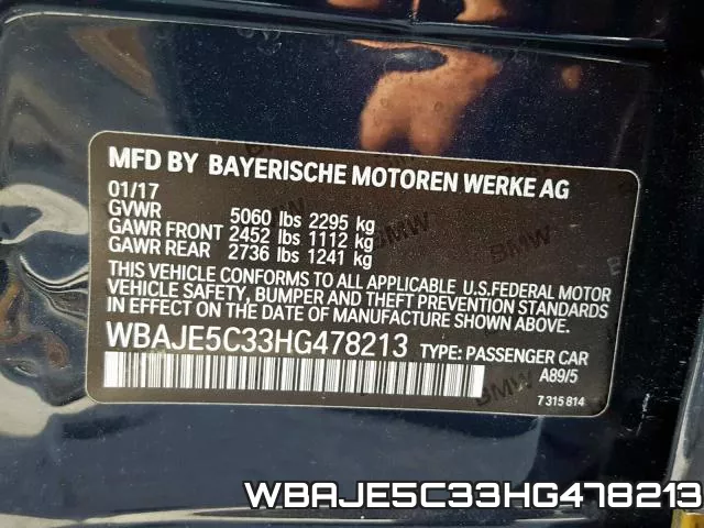 WBAJE5C33HG478213 фото 2
