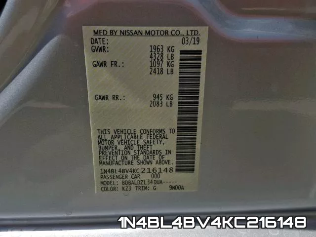 1N4BL4BV4KC216148 фото 2