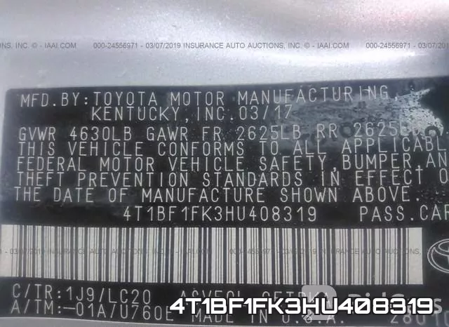 4T1BF1FK3HU408319 фото 10