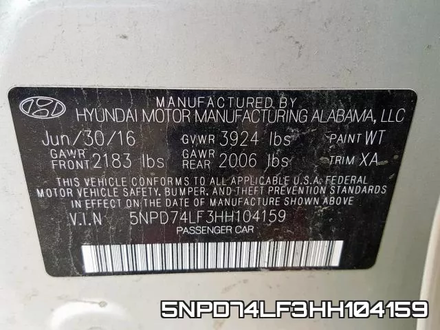 5NPD74LF3HH104159 фото 2