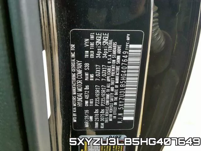 5XYZU3LB5HG407649 фото 2