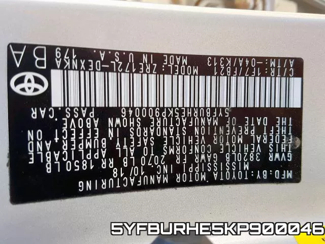 5YFBURHE5KP900046 фото 2
