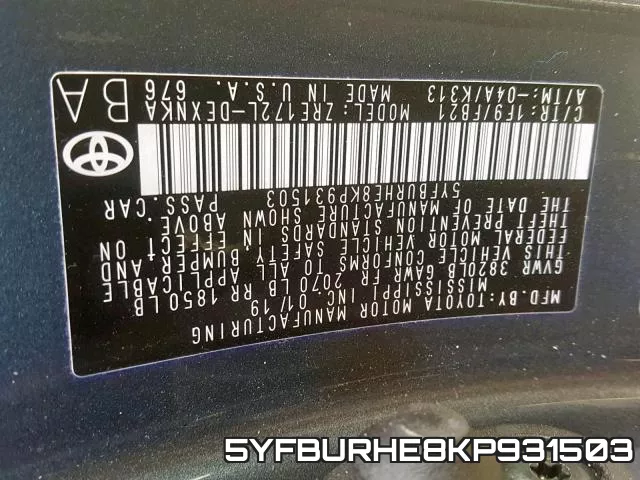 5YFBURHE8KP931503 фото 2