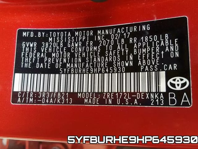 5YFBURHE9HP645930 фото 2
