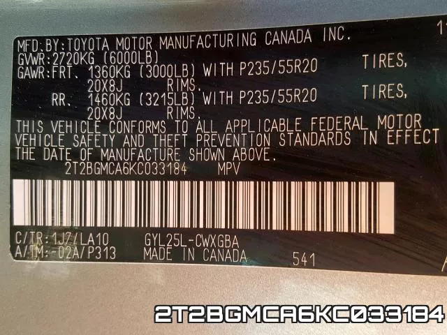 2T2BGMCA6KC033184 фото 2
