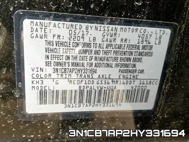 3N1CB7AP2HY331694 фото 2