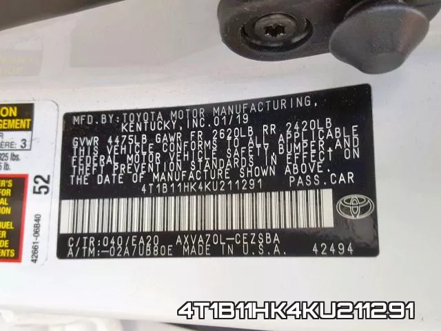 4T1B11HK4KU211291 фото 2