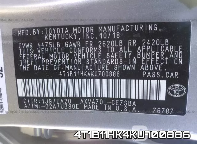 4T1B11HK4KU700886 фото 10