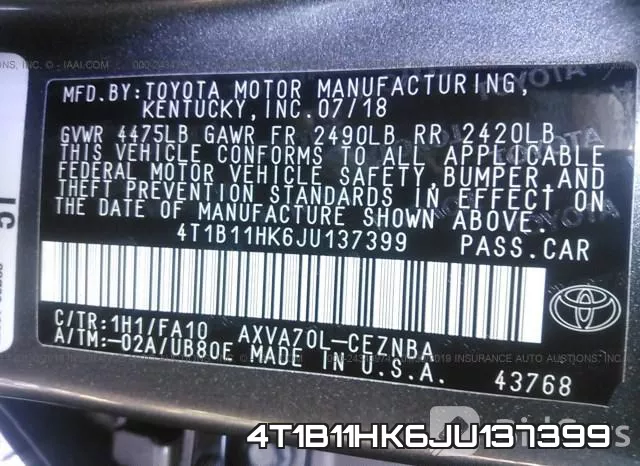 4T1B11HK6JU137399 фото 10