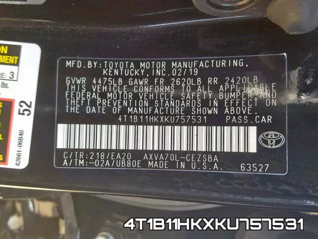 4T1B11HKXKU757531 фото 2