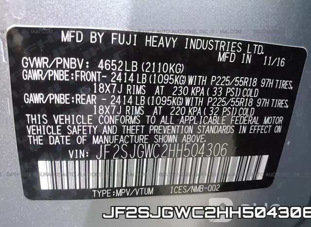 JF2SJGWC2HH504306 фото 10