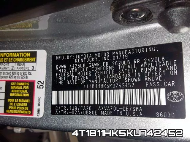 4T1B11HK5KU742452 фото 2