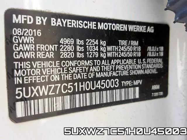 5UXWZ7C51H0U45003 фото 2
