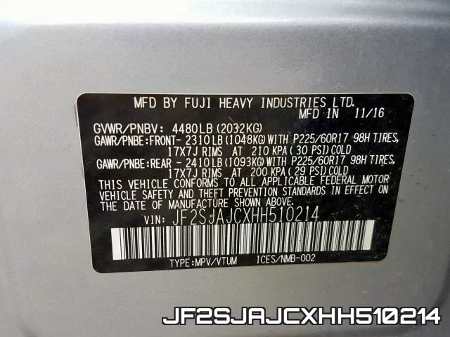 JF2SJAJCXHH510214 фото 2