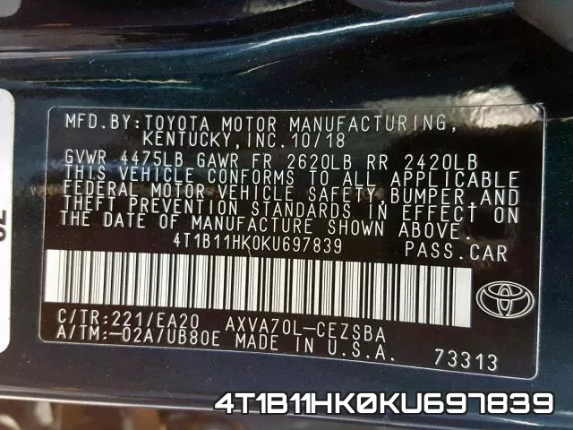 4T1B11HK0KU697839 фото 2