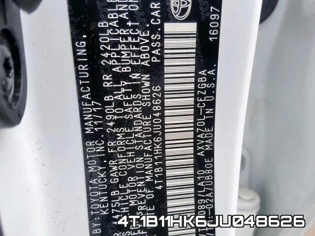 4T1B11HK6JU048626 фото 2