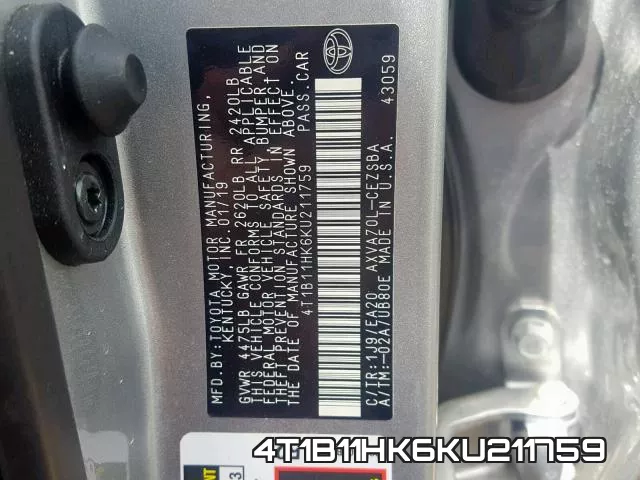 4T1B11HK6KU211759 фото 2