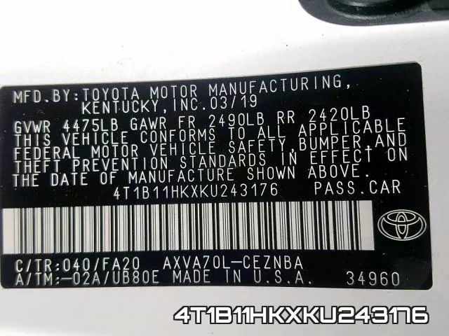 4T1B11HKXKU243176 фото 2