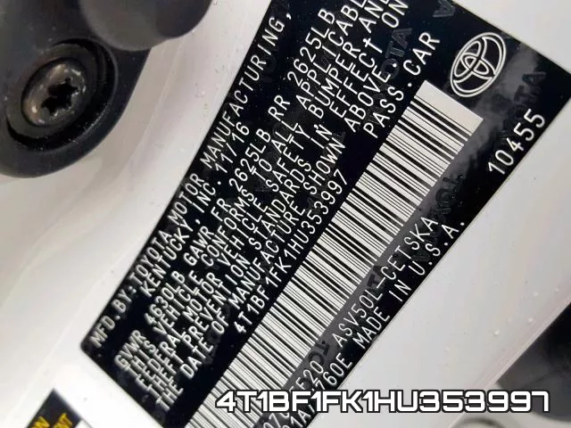 4T1BF1FK1HU353997 фото 2