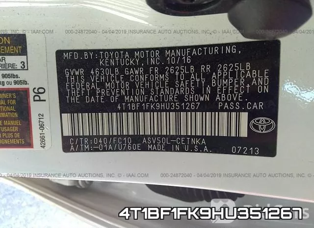 4T1BF1FK9HU351267 фото 10