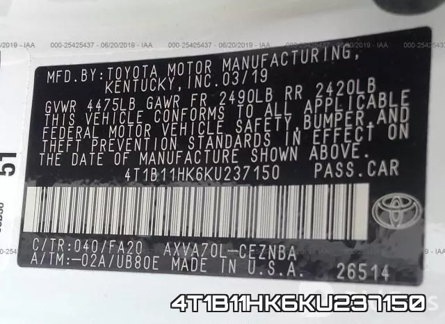 4T1B11HK6KU237150 фото 10