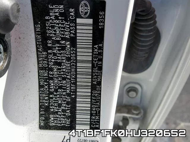 4T1BF1FK0HU320652 фото 2