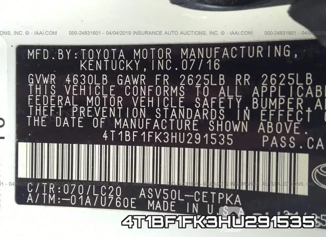 4T1BF1FK3HU291535 фото 10