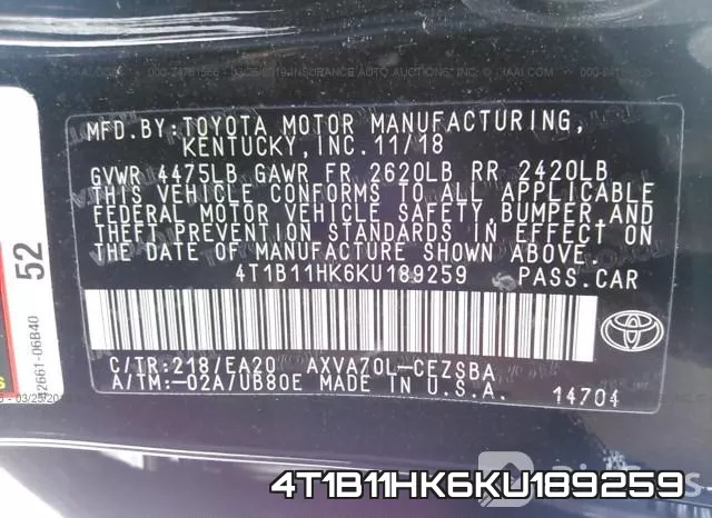 4T1B11HK6KU189259 фото 10