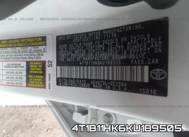 4T1B11HK6KU189505 фото 10