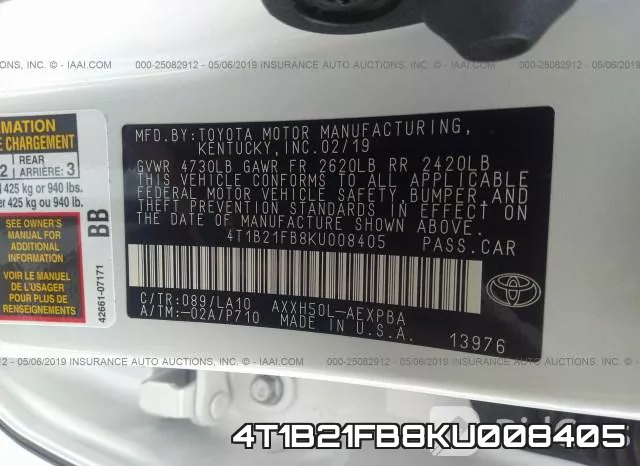 4T1B21FB8KU008405 фото 10
