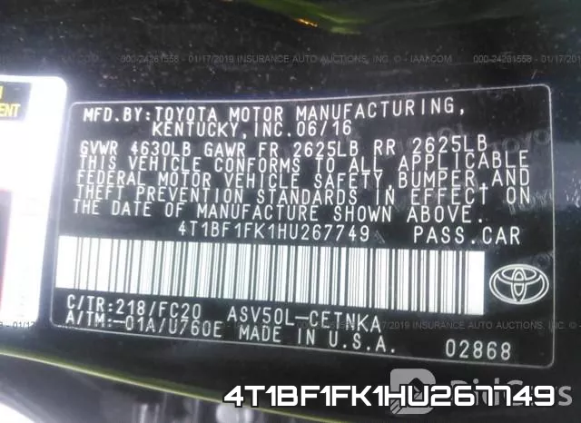 4T1BF1FK1HU267749 фото 10