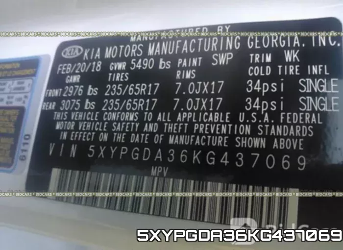 5XYPGDA36KG437069 фото 10