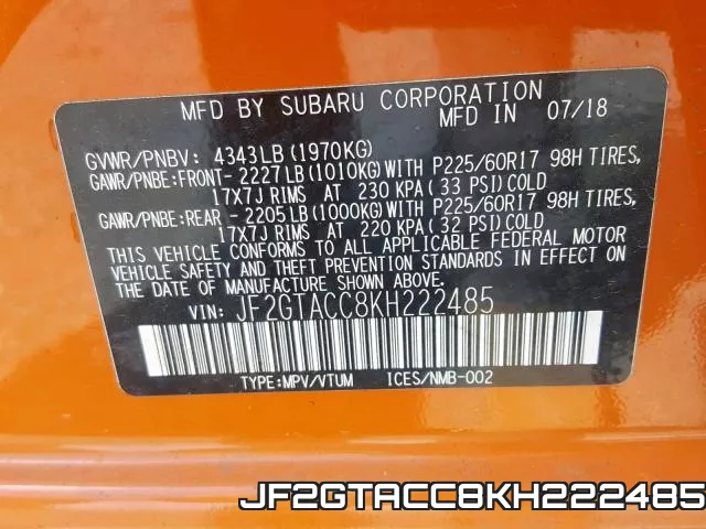 JF2GTACC8KH222485 фото 2