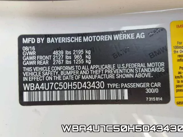 WBA4U7C50H5D43430 фото 2