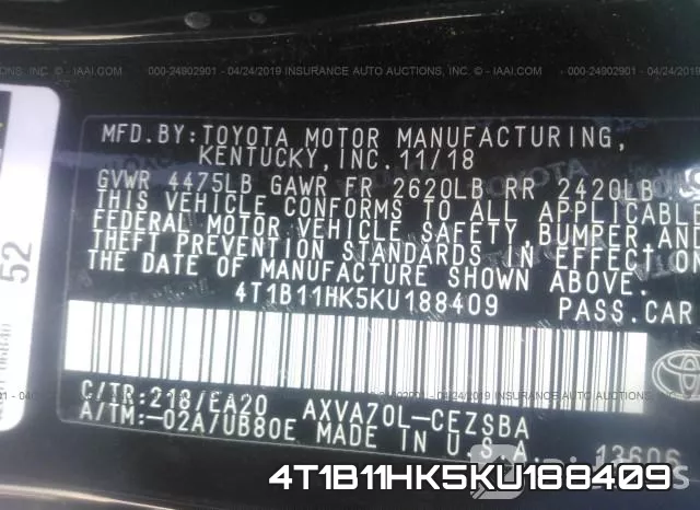 4T1B11HK5KU188409 фото 10