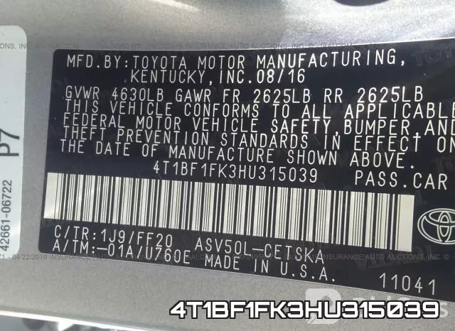 4T1BF1FK3HU315039 фото 10