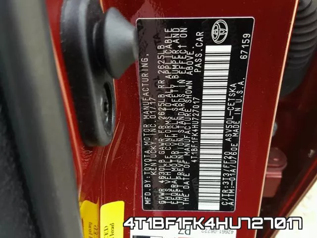 4T1BF1FK4HU727017 фото 2