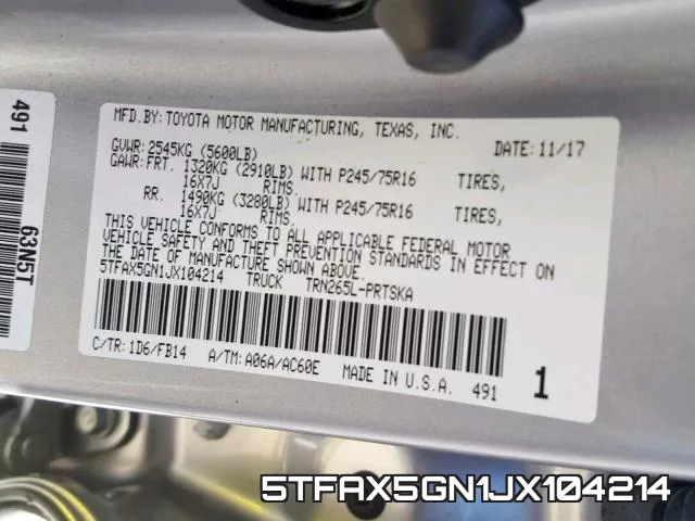 5TFAX5GN1JX104214 фото 2