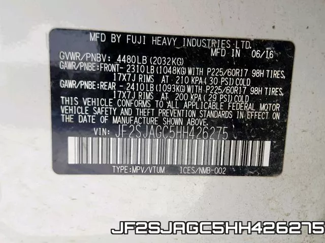 JF2SJAGC5HH426275 фото 2