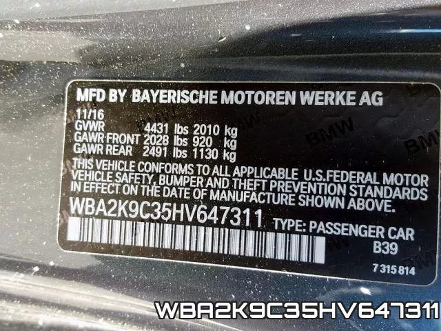WBA2K9C35HV647311 фото 2